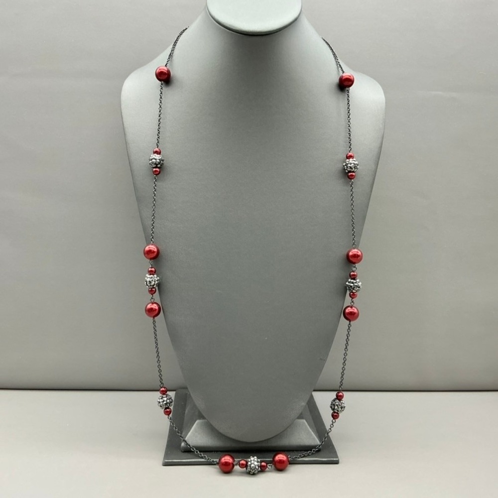 Roman Necklace Women Red Faux Pearl Pave Disco Ball Gunmetal Chain Long Strand